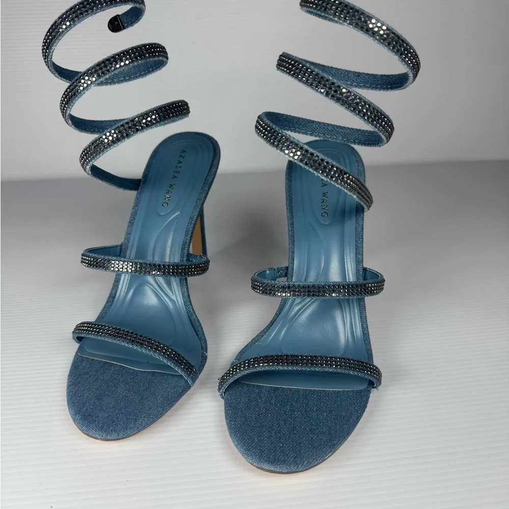 Azalea Wang Lowri Denim Sparkle Rhinestone Spiral Wrap Heels NWT - Picture 2 of 6